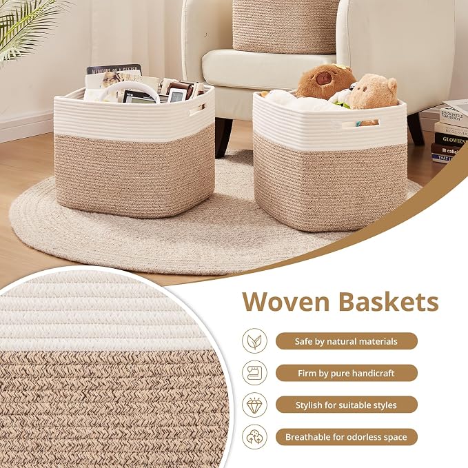 OIAHOMY 13 Inch Cube Storage Bins, 3-Pack Cotton Rope Woven Baskets for Organizing, Insert Storage Baskets for Shelves, Baby Nursery, Closet Organizer, 15 * 13 * 12.6IN, Brown & White - Image 5