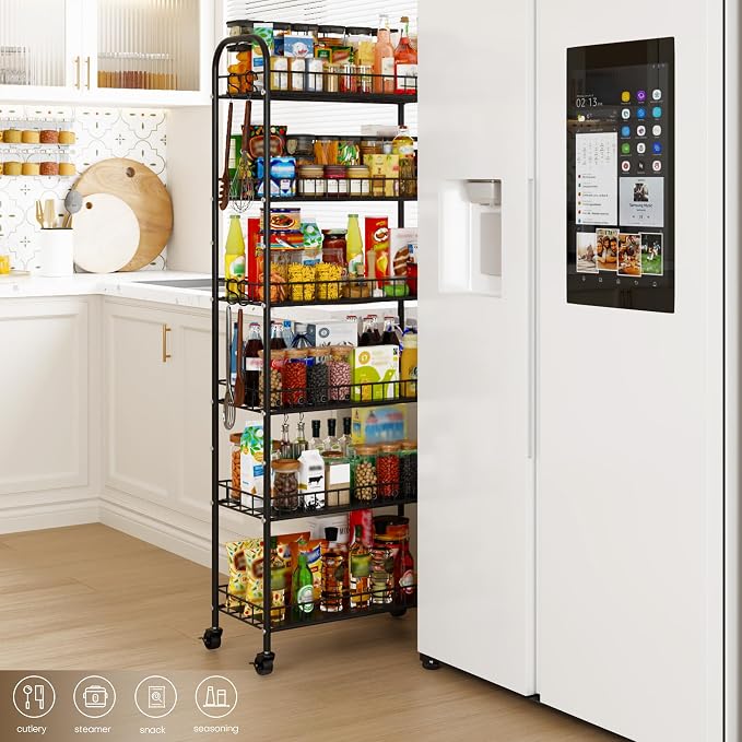 6-Tier Slim Storage Cart, Rolling Kitchen Cart with Wheels | Narrow Metal Shelf Organizer with Hooks for Kitchen, Bathroom, Living Room, Laundry, Small Spaces, Black, 10 in - Image 3