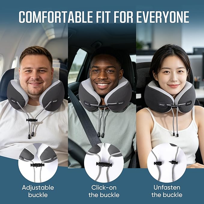SKYTRAX COMF® Premium Ergonomic Memory Foam Travel Neck Pillow, Washable Cooling Ice Silk Cover, Firm Neck Support for Airplane Long Flights & Pain Relief, with Portable Carry Case (Grey) - Image 2