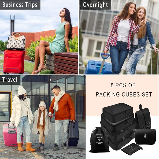 Packing Cubes, 8 Pcs Travel Packing Organizers for Suitcases, Large Capacity Travel Luggage Organizers Set includes 8 Storage Bags, Travel Essentials for Women or Men (Black) - Image 7