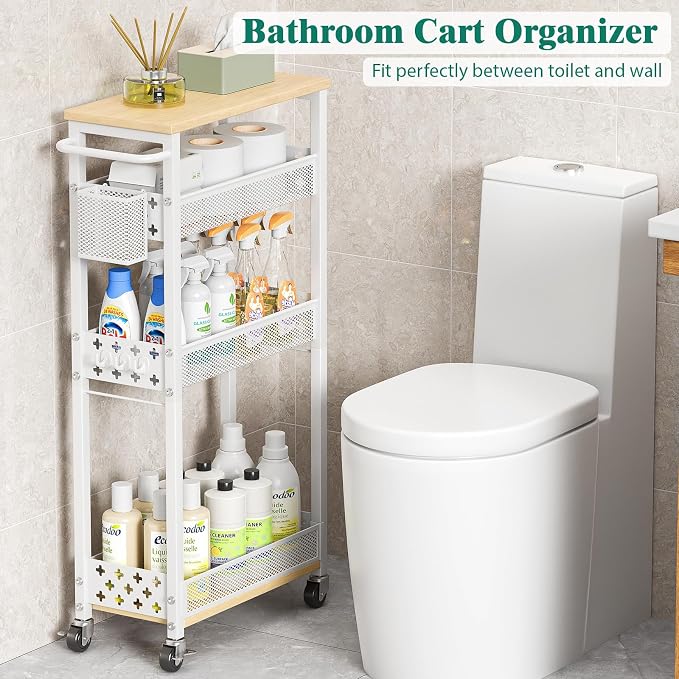 XYZLVSI Slim Rolling Storage Cart, 4 Tier Narrow Shelf for Small Spaces | Skinny rolling cart 14.4" bottom shelf, wire basket, hooks, ideal for kitchen/bathroom/dorm, between washer and dryer storage - Image 8