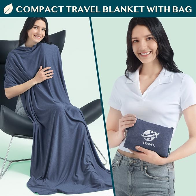 PAVILIA Travel Blanket Compact, Airplane Packable Bag, Soft Fleece Portable Throw Pillow Combo Set, Plane Flight Car Trips Essentials Gift Accessories, Luggage Backpack Clip, Navy Blue, 65 x 40 inch - Image 2