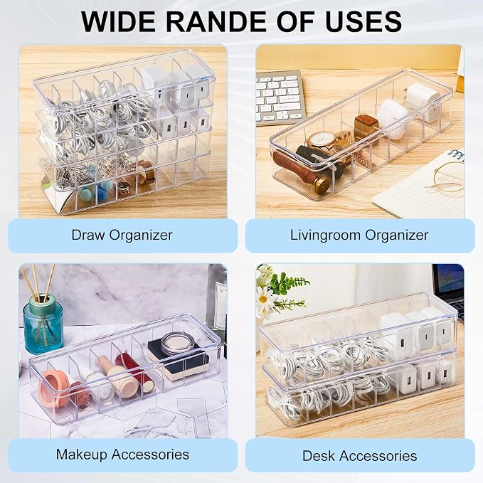 Tatuo 4 Pcs Cord Organizer for Drawer Desktop, Cable Organizer Box with 8 Compartments and Wire Ties, Plastic Charger Storage with Lid, Electronics Case for Home Office Accessories (Small,Clear) - Image 7