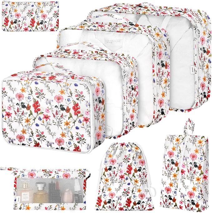 8 Set Packing Cubes for Suitcases, Packing Cube with Shoe, Cosmetics, Clothing, and Accessories Bags for Travel Luggage Organizer Women Men(Retro Flowers) by Hatisan