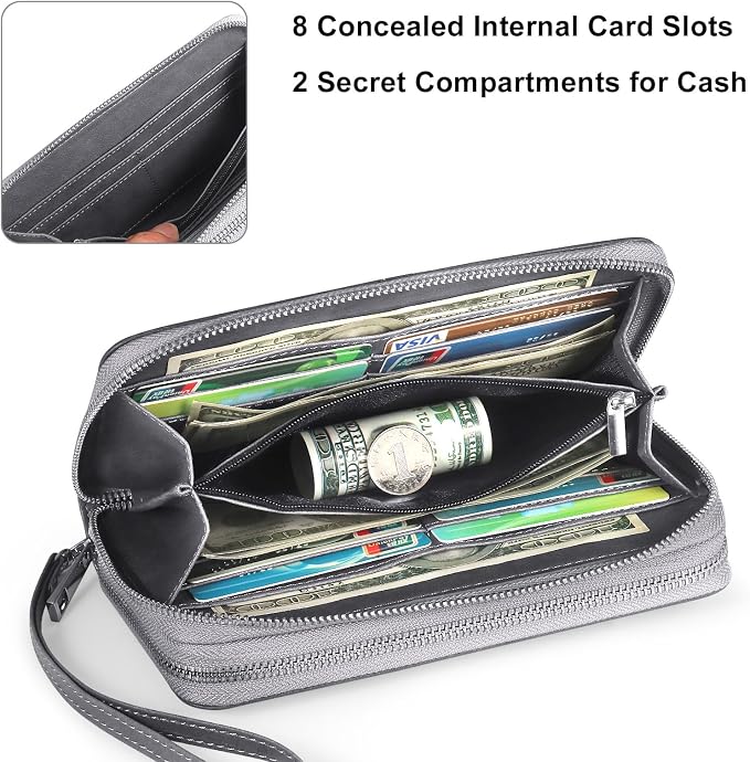RFID Blocking Cellphone Wristlet Bag for Women Dual Zipper Travel Purse Large Capacity 17 Card Holder Ladies Phone Clutch with Removable Strap, Grey - Image 4