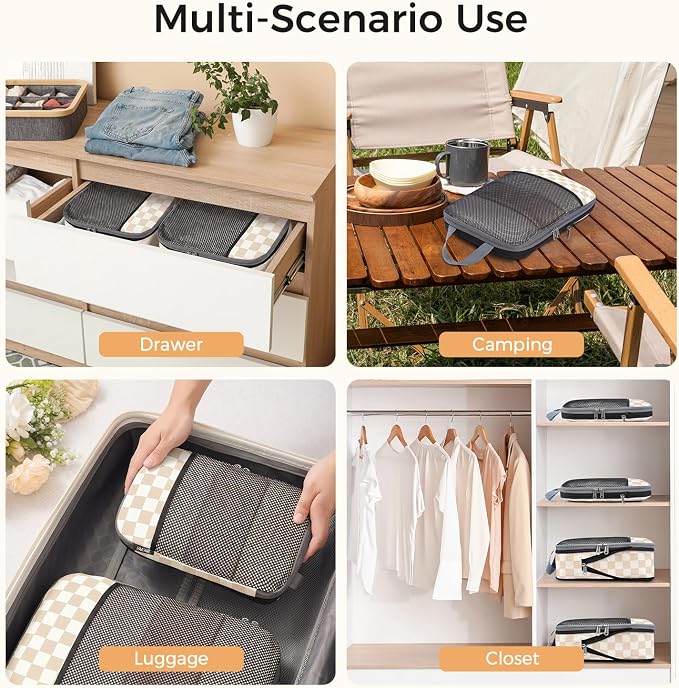 BAGAIL 4 Set/6 Set/8 Set Compression Packing Cubes Travel Accessories Expandable Packing Organizers (Half Mesh, 6-Khaki Checkered) - Image 7