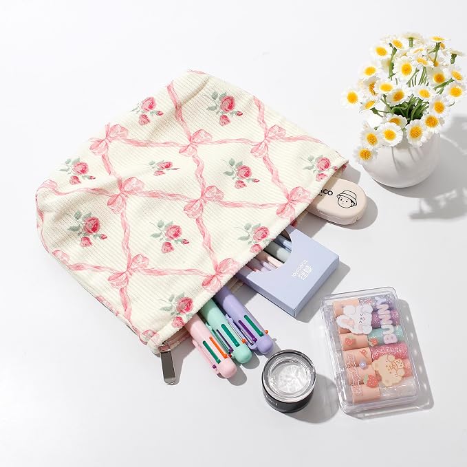 Cosmetic Bags for Women - Corduroy Cosmetic Bag Aesthetic Women Handbags Purses Smile Dots Makeup Organizer Storage Makeup Bag Girls Case Bags (Flowers-Apis) - Image 4