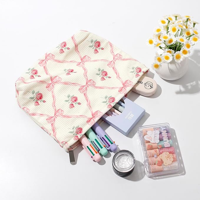 Cosmetic Bags for Women - Corduroy Cosmetic Bag Aesthetic Women Handbags Purses Smile Dots Makeup Organizer Storage Makeup Bag Girls Case Bags (Flowers-Beige strawberry) - Image 4