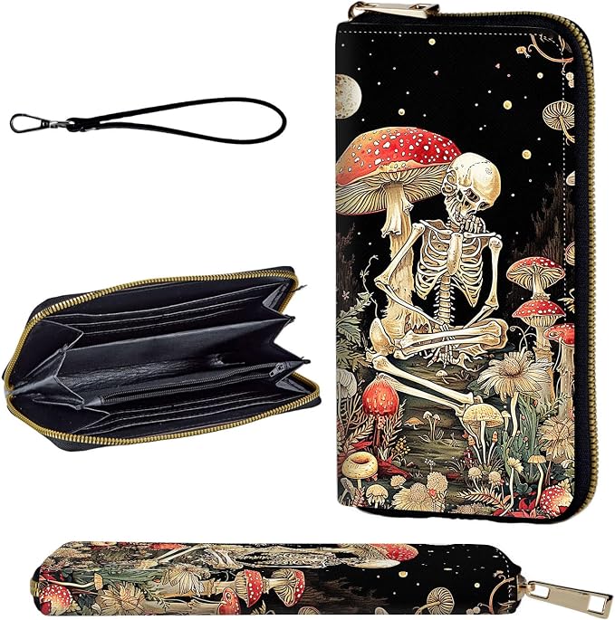 Wallet,Leather Long Wallet Suitable For Ladies And Teenagers - Detachable Wristband + RFID Travel Wallet With Card Slot - Mushroom Skeleton by Unknown