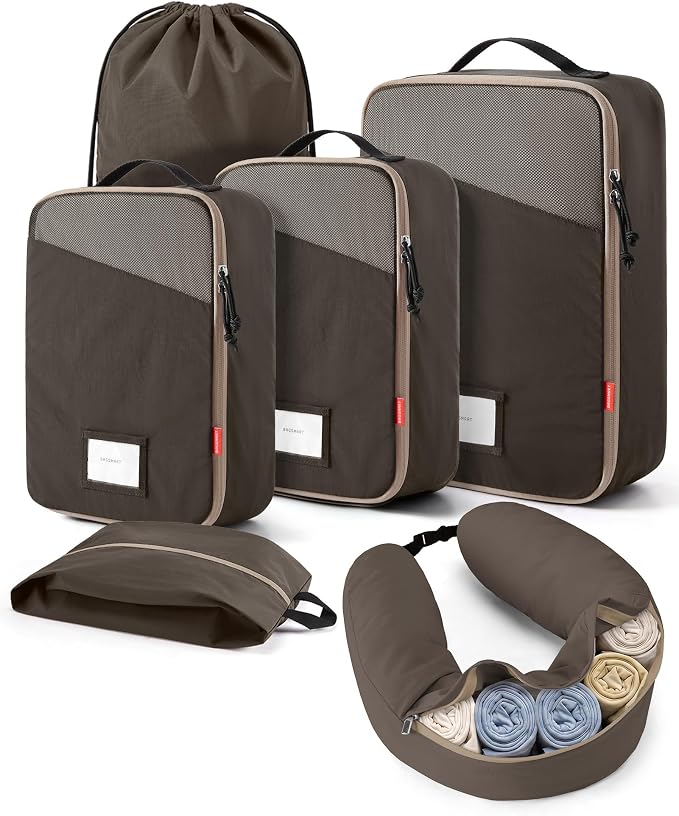 BAGSMART Compression Packing Cubes with Fillable Neck Pillow for Clothes | 1 Wearable Neck Pillow & 5 Travel Bags to Avoid Baggage Fees, Durable, Tear Resistant Washable Taslan Fabric with Card Slots by BAGSMART