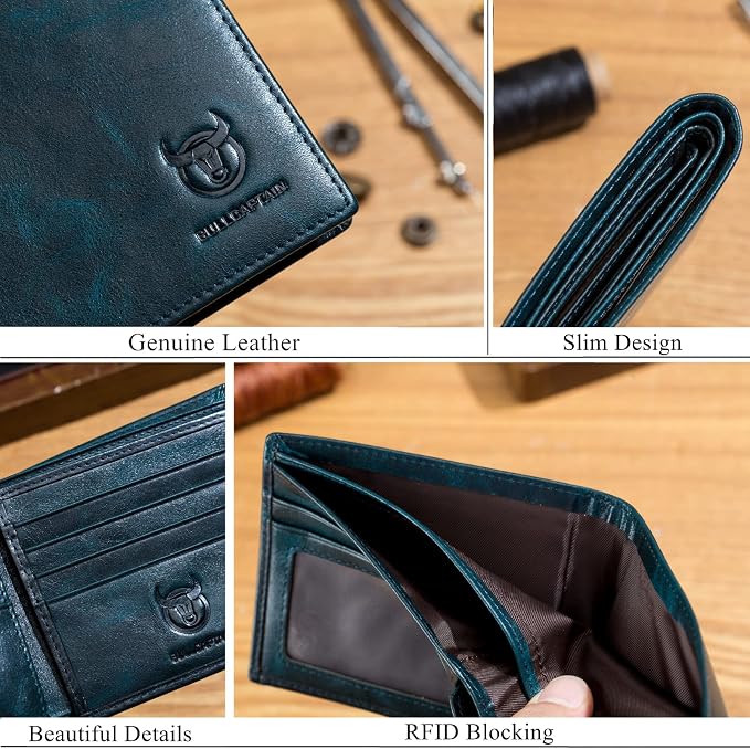 BULLCAPTAIN RFID Wallets for Men,Genuine Leather Wallet QB-05(Peacock Blue) | Slim,Bifold,Front Pocket Wallet, 2 ID Windows,11 Card Slots,RFID Blocking Technology,Gift Choice - Image 6