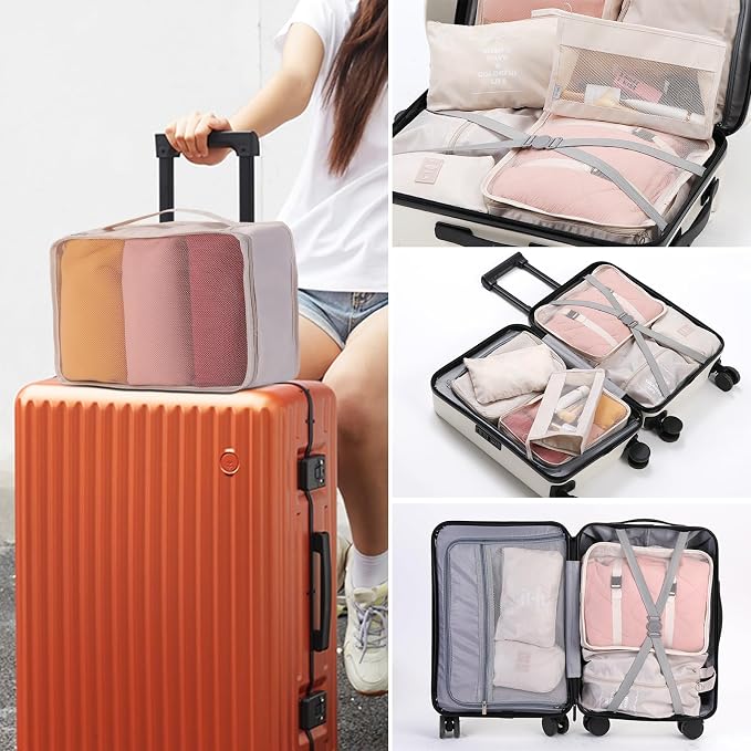 11 Set Packing Cubes for Travel Essentials, Suitcase Organizer Bags for Airplane Road Trip Camp - Beige - Image 6