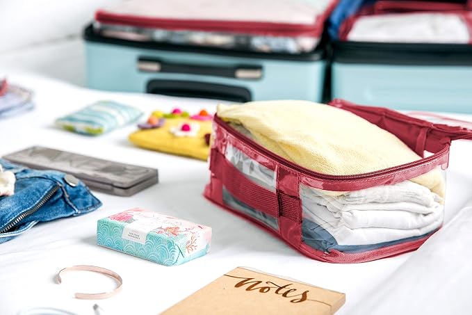 Small Clear Travel Packing Cube/See Through PVC Plastic Pouch for Carry On Suitcase, Backpack or Diaper Bag/Transparent Multipurpose Accessories, Makeup & Underwear Organizer w/Handle (Burgundy) - Image 8