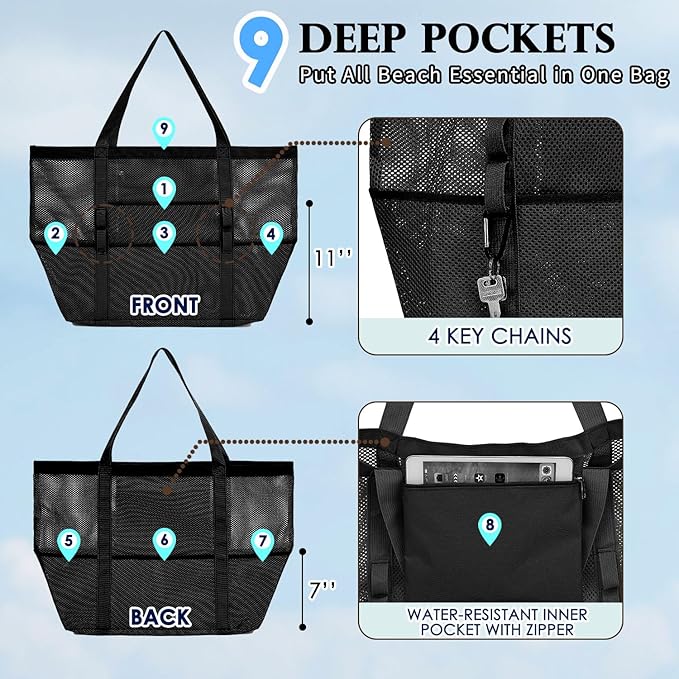 Fammart Mesh Beach Bag for Women, Large Beach Toy Pool Bag with Zipper Pocket, SandProof Cruise Essentials 2026 Family Travel - Image 5