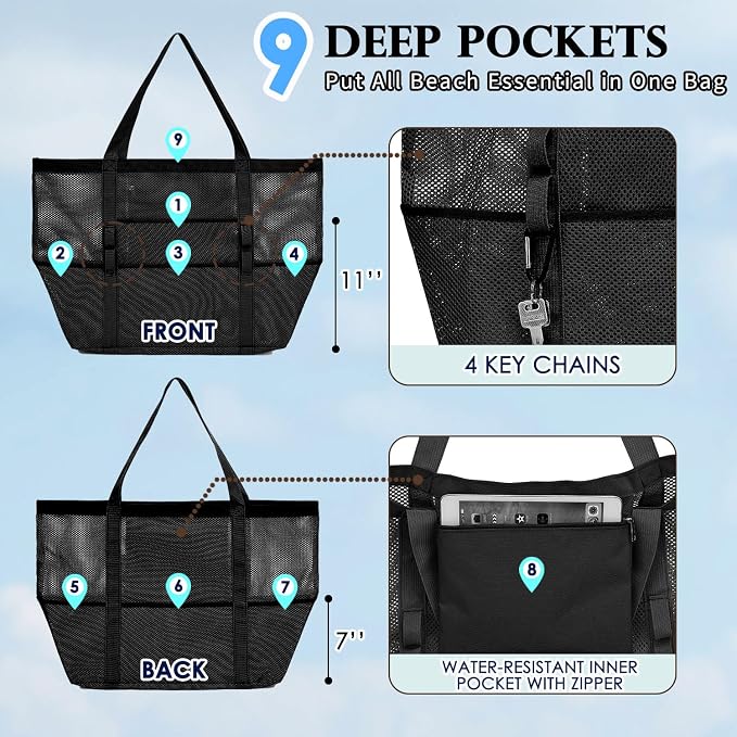 Fammart Mesh Beach Bag for Women, Large Beach Toy Pool Bag with Zipper Pocket, SandProof Cruise Essentials 2026 Family Travel - Image 5