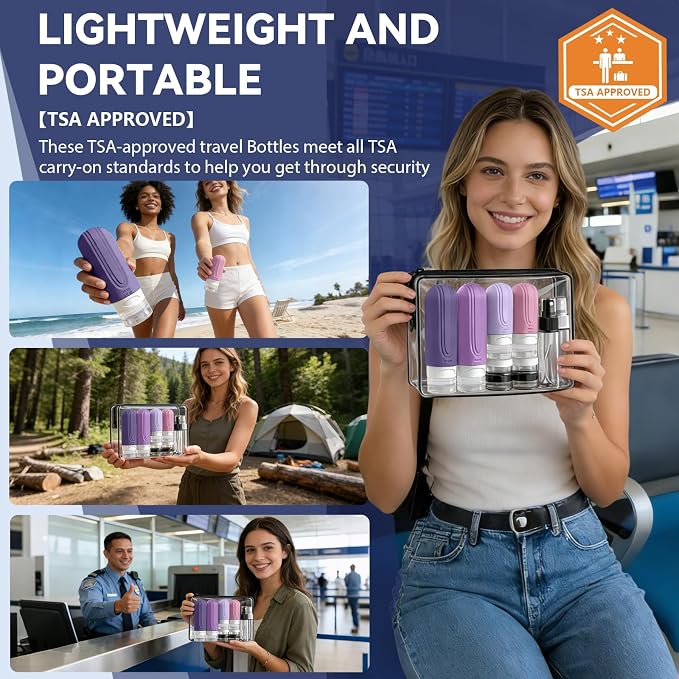 Travel Bottles for Toiletries 10 Pack, TSA Approved Travel Size Toiletries Essentials Containers Set, Leak Proof Silicone Bottles Kit, Refillable Liquid & Creams Accessories (PURPLE) - Image 6