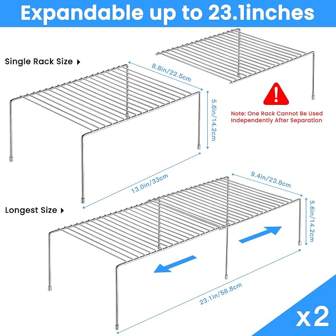 Tomorotec Spice Rack Cabinet Organizer, Expandable Steel, Kitchen, Silver | Stackable Two-Pack Storage Shelves with Anti-Slip Protective Rubber Feet for Pantry or Countertop - Image 2