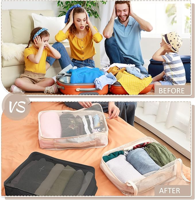 Silkfly 8 Pcs XL Packing Cube for Travel Luggage,Simple,Black Beige | 17.7 x 13 x 4.7, Same Size, Black and Beige Suitcase Storage Organizer Set, Reusable Mesh Clothes Cube for Hiking Camp Family - Image 5