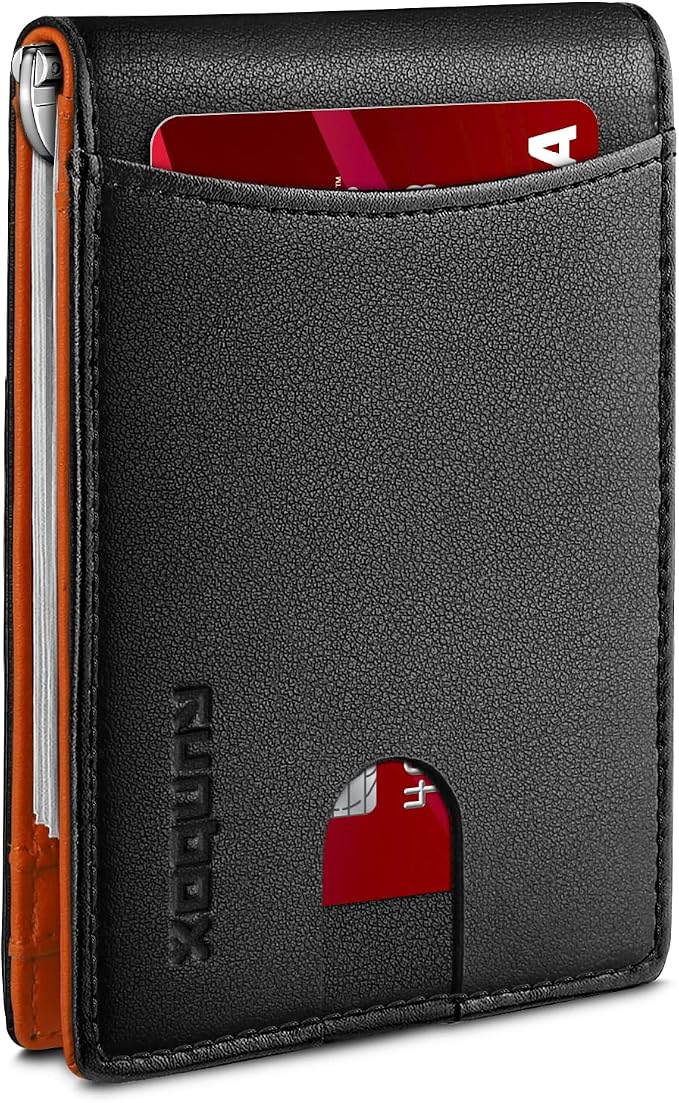 RUNBOX Slim Wallet for Men Genuine Leather RFID Blocking Bifold Minimalist Front Pocket Mens Wallet with Money Clip Thin Gift Box by RUNBOX