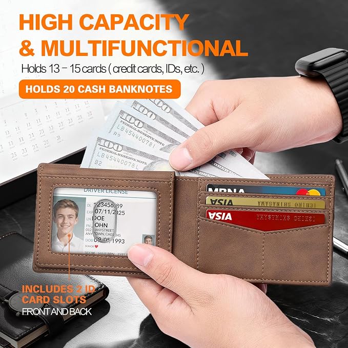 Wallet for Men Slim RFID Blocking Bifold Carbon Fiber,Minimalist Small Compact Front Pocket Credit Card Holder,Thin Mens Leather Wallets Smart Security With 2 ID windows 1 Cash (Dark Brown) - Image 3