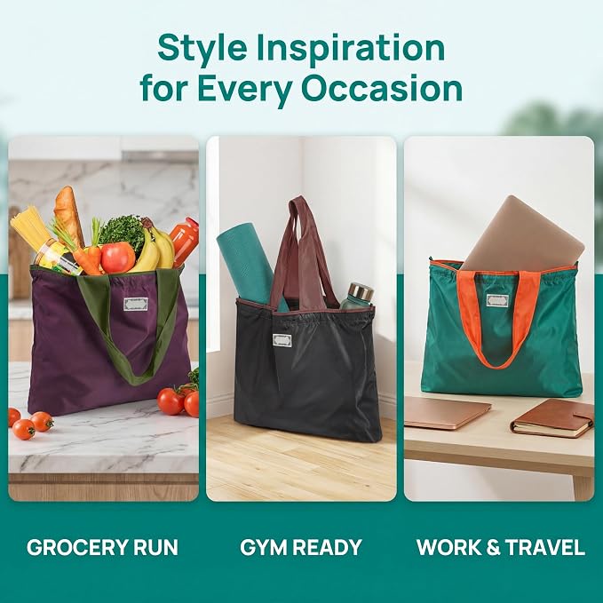 Covzoe 4 Pack Reusable Shopping Bags with Handles | Foldable Grocery Bags Fits in Pocket, Large Washable Tote Bag Beach Bag for Kitchen Travel Shopping, Drawstring Closure - Image 7