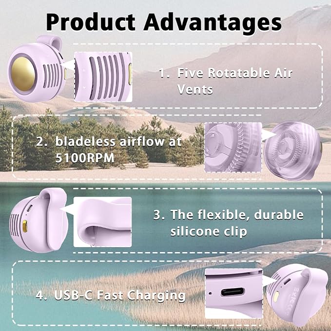 Portable Clip-On Fan, Mini USB Rechargeable 360° Rotatable Fan, Personal Fan 3-Speed Silent Mini Bladeless Fans (1 pack(Purple)) - Image 3