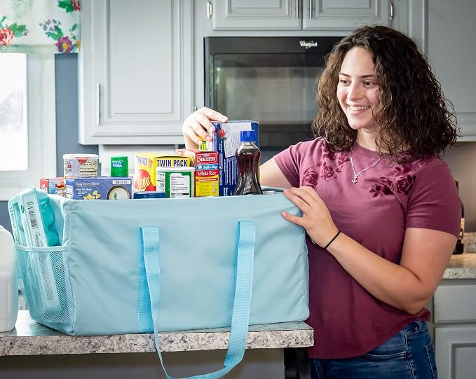 Extra Large Utility Tote Bag - Oversized Collapsible Reusable Wire Frame Rectangular Canvas Basket With Two Exterior Pockets For Beach, Pool, Laundry, Car Trunk, Storage - Light Blue - Image 2