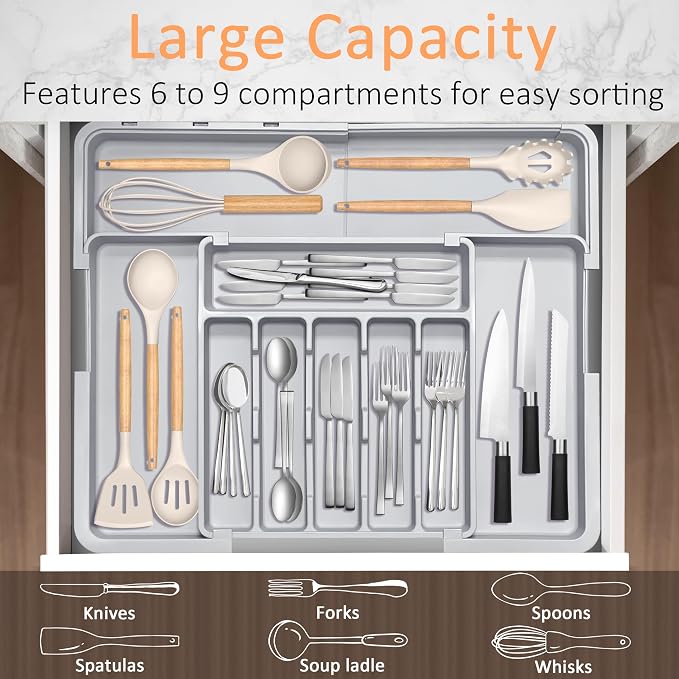Silverware Organizer Expandable Kitchen Drawer Organizer Adjustable 22"x 19" Utensil Organizer with Rubber Feets Cutlery Drawer Organizer for Spoons Forks Knives Kitchen Organizers and Storage Grey - Image 3
