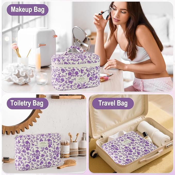 URSKYTOUS 3Pcs Cotton Quilted Makeup Bag for Women Girls Large Small Travel Portable Cosmetic Bag Set Cute Purple Floral Zipper Make Up Pouch Coquette Aesthetic Storage Toiletry Organizer Case - Image 4