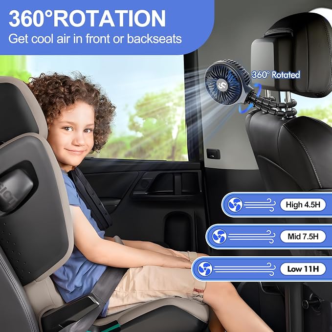 WiHoo Portable Stroller Fan, 11H Ultra-long Battery Life 3 Speed 360°Rotate, USB Rechargeable or Battery Operated Cooling Clip On Personal Fan for Baby Crib Travel Car Seat Black - Image 5