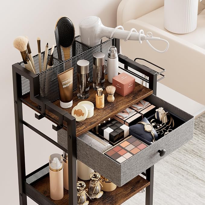 Bathroom Stand, Makeup Cart with Drawer for Cosmetic and Skincare | 3 Tier Metal Rolling Standing Unit for Bathroom, Bedroom, with Hair Organizer Storage, Vanity Storage for Women 12.8in Wide - Image 6