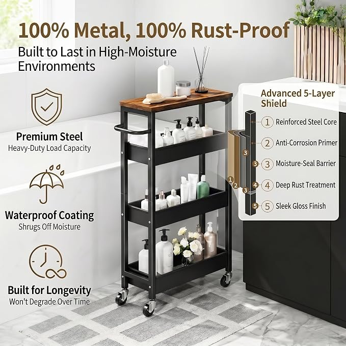 4 Tier Slim Rolling Storage Cart with Wheels for Between Washer and Dryer | Metal Narrow Kitchen Cabinet, Laundry Room Organization and Storage Shelf, 8In Skinny Detergent Organizer for Small Space - Image 5