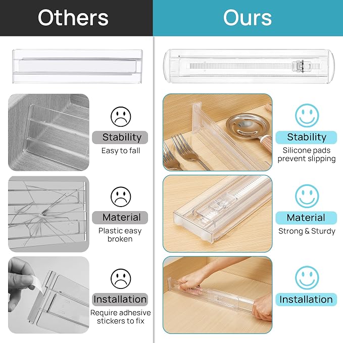 Vtopmart 4 Pack Shallow Drawer Dividers, 2.36" High 12.5"-20.8" Adjustable Expandable Kitchen Drawer Organizer, Clear Plastic Organizer Separators for Flatware, Utensil, Cutlery, Underwear, Clothes | Expandable Kitchen Drawer Organizer, Clear Plastic O... - Image 8