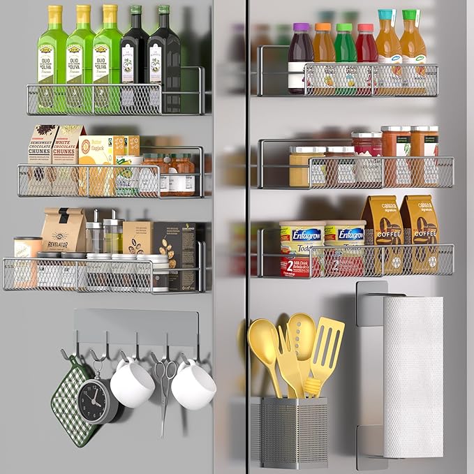 Magnetic Spice Rack for Refrigerator, 10 Pack 100% Metal Strong Magnet Shelf, Moveable Spice Organizer W/ Adjustable Paper Towel Holder, Hook Rack & Utensil Caddy, Home Kitchen Laundry Storage, Grey by DTUQYX