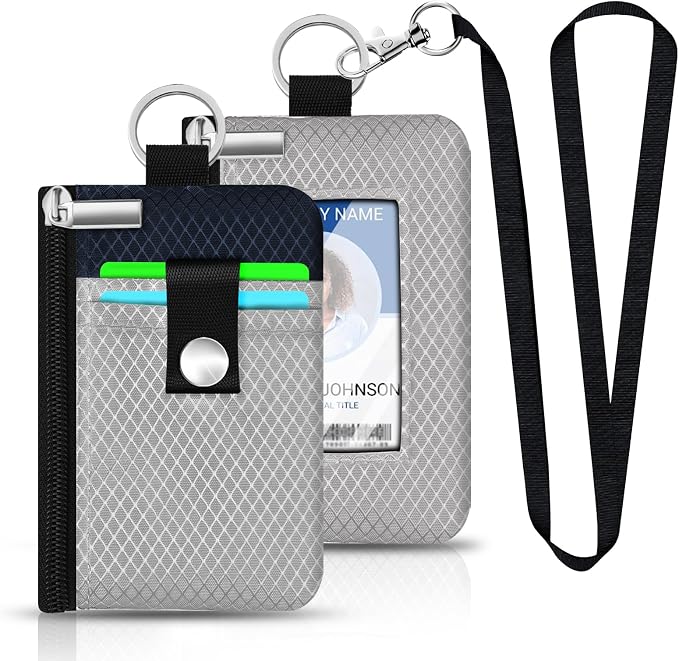 Minimalist RFID Blocking Small Wallet with ID Window,WaterResistant Zip Id Case Wallet with Lanyard Keychain for Cards,Cash,Travel,Women,Men (Light gray/Dark blue) - Image 6