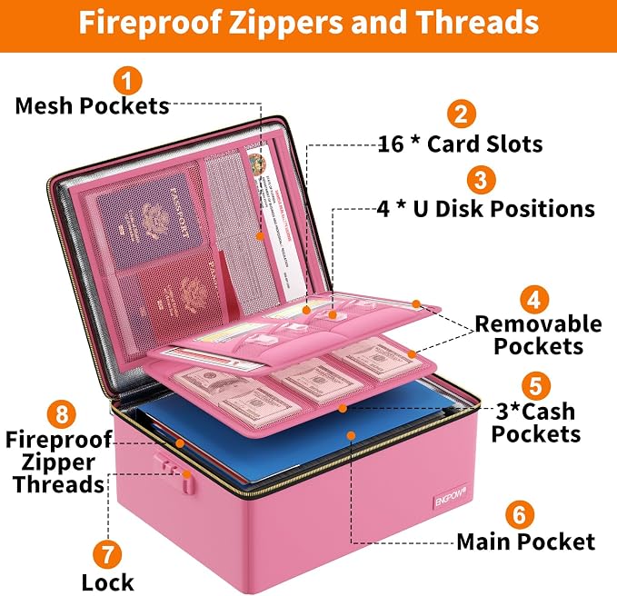 ENGPOW Fireproof Document Box with Lock & Heat-Resistant Fireproof Zipper | 6400°F 12-Layer Fire Protection, Hard File Organizer with Pockets, Portable Home Chest Safe Storage for Money,Jewelry, Pink - Image 9