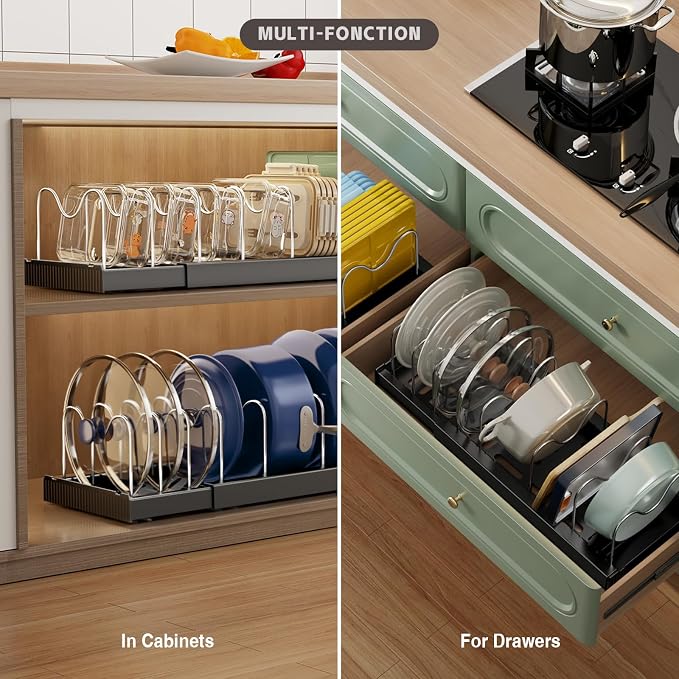 Magheo Expandable Food Storage Container Lid Organizers, 22" Pots and Pans Organizer Under Cabinet with 9 Adjustable Dividers Pot and Pan Lid Holders Rack Inside Cabinet(Black,1 Pack) - Image 4