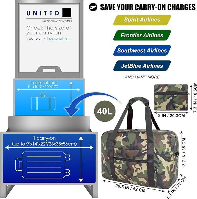 Duffle Bag for Travel Foldable Personal Item Travel Bag, 40L, Green Camo | Carry On Duffel Bag Women Men Frontier Airlines Personal Item Bag Hospital Weekend Overnight Trips - Image 2