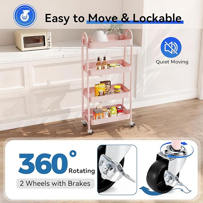 NEWBULIG 4-Shelf Metal Rolling Storage Utility Cart with Lockable Wheels | Mobile Organizer Shelf, Space-Saving, Freestanding, Bathroom, Living Room, Slim, Narrow Corner Spaces, Pink - Image 3