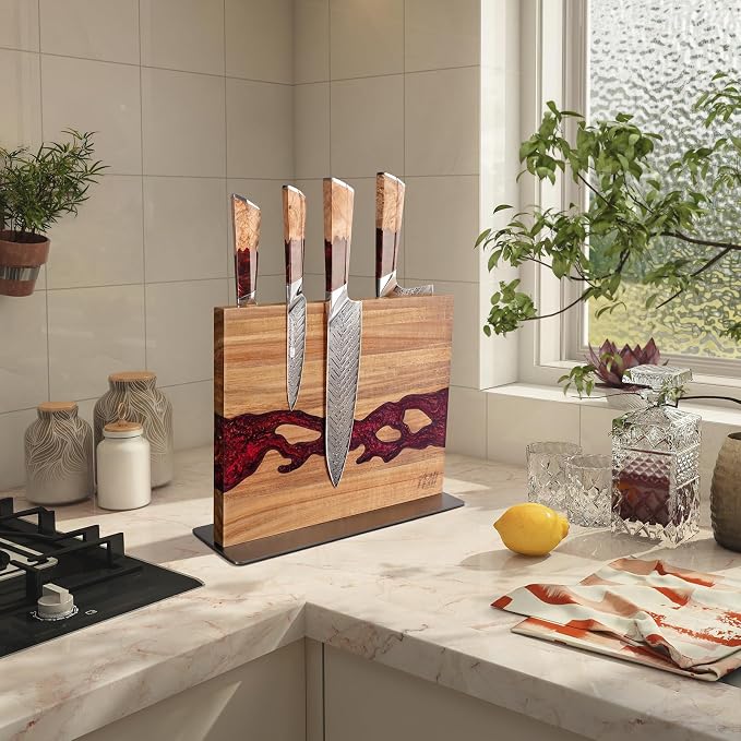 Magnetic Knife Block, Double Sided Holder, Powerful Magnet Kitchen Storage, Acacia Wood and Red Resin (12 x 10 Inches, Without Knives) - Image 8