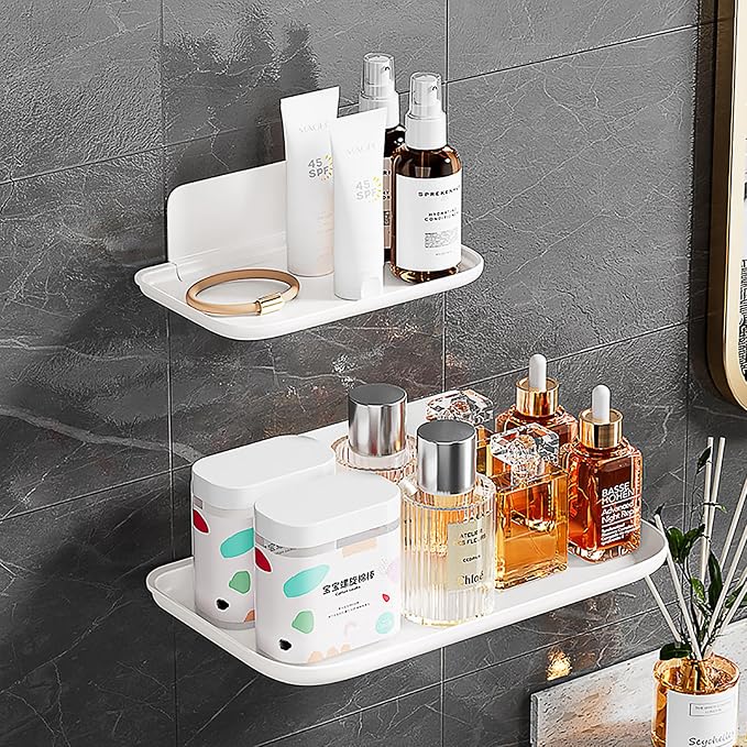 2-Pack Foldable Floating Shelves for Wall | No Drill White Wall Shelves | Small Floating Shelf for Bathroom, Bedroom, RV, KitchenAdhesive Shelves for Phones, Watches | Renter Friendly - Image 2