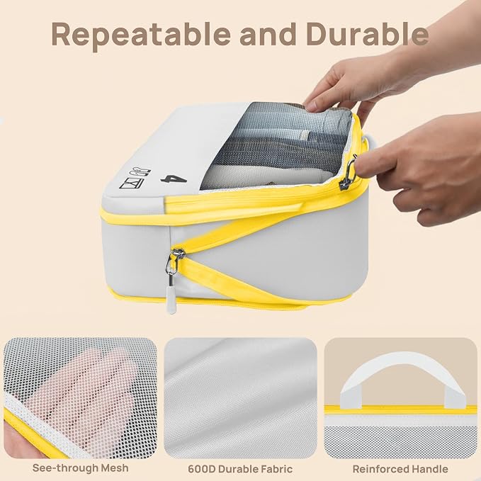 7 Set Compression Packing Cubes for Travel, Luggage Organizer Bags for Suitcases with Mesh Panels, Shoe Bag & Toiletry Bag for Carry On, Vacation & Cruise Essentials (White) - Image 7