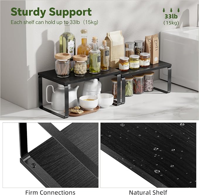 Simple Trending Cabinet Organizer Shelf, Set of 2 Stackable Kitchen Counter Shelves, Expandable Spice Rack Kitchen Storage Riser, Metal Engineered Wood, Black - Image 5