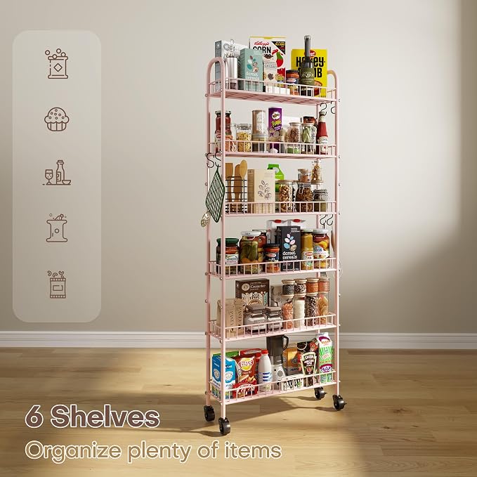 6 Tier Slim Rolling Storage Cart with Wheels, Metal Mobile Shelving Unit Organizer Utility Cart for Office Bathroom Kitchen Laundry Room Narrow Places (Pink 6 Inches) - Image 6