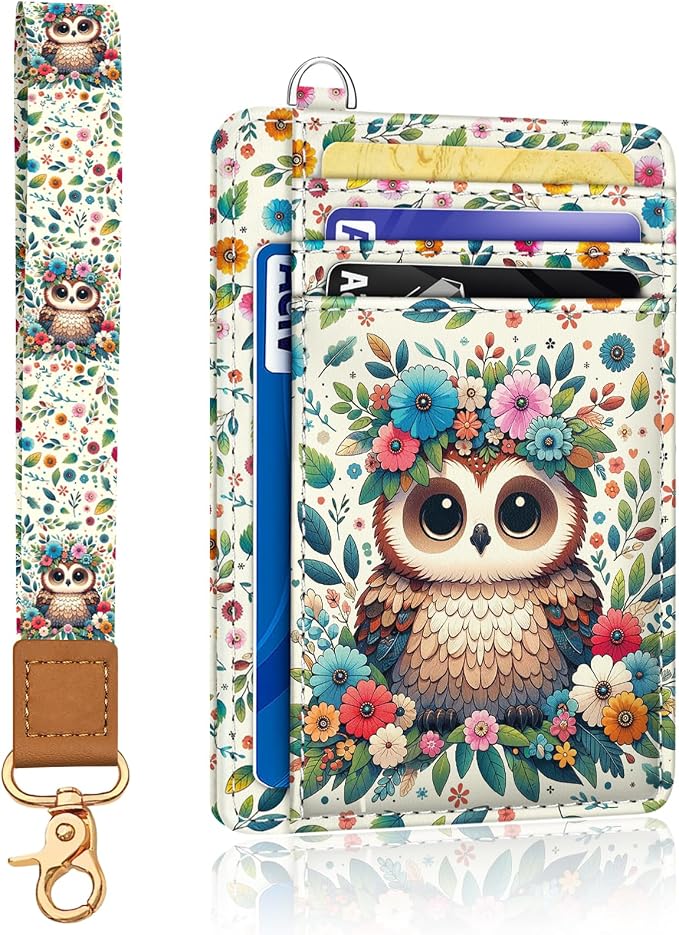 Yonlevres Owl Credit Card Holder Slim RFID Wallet Women Wristlet Lanyard | Front Pocket, Handy, RFID Blocking, Woman Girls Ladies Gifts, D-ring for Keychain,Thin Mini Card Case, ID Window, PU Leather by Yonlevres
