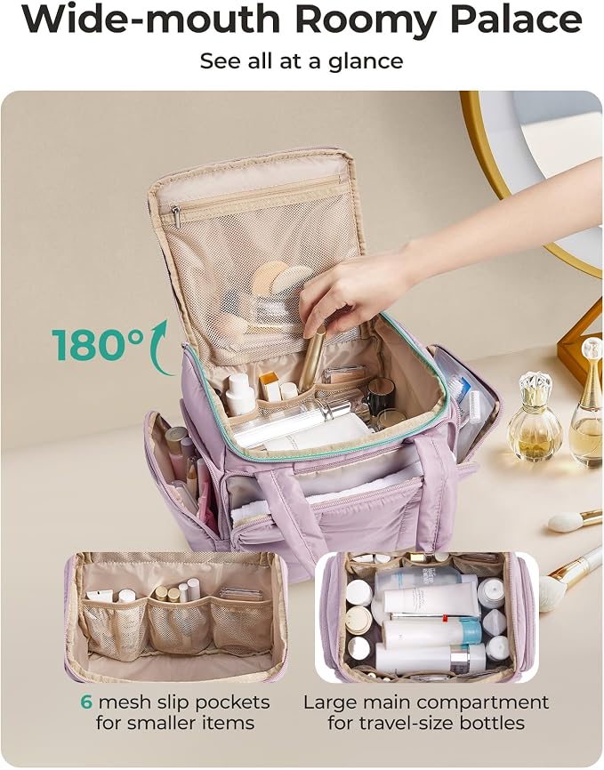 BAGSMART Puffy Travel Toiletry Bag, Roomy Makeup Bag with Multi-Pockets for Full-Sized Toiletries & Accessories, Purple - Image 3