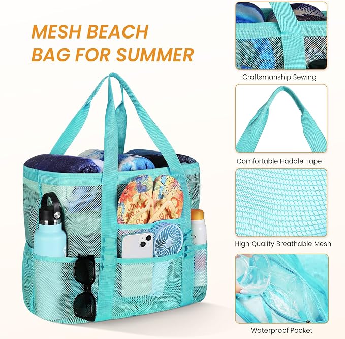 Tavaleu Mesh Beach Bag, Large Capacity Beach Tote, Multi Pockets, Sandproof | Mesh Material, Multiple Storage Pockets, Lightweight & Foldable Design, For Beach & Pool Use, Easy to Clean & Quick Dry - Image 4