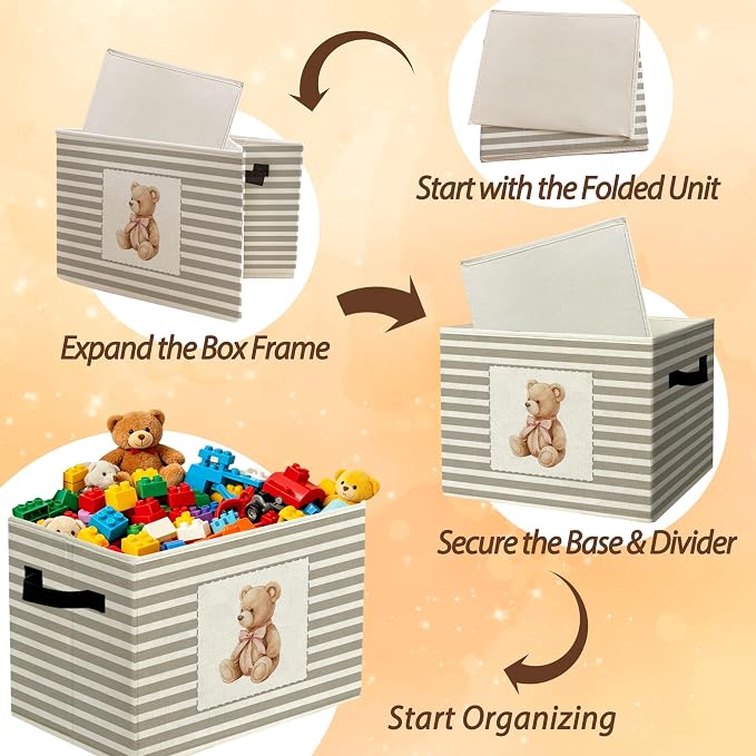 Rustic Bear Storage Bins Boxes Handles | grey striped nursery foldable basket for organizing bedroom toddler playroom - Image 6