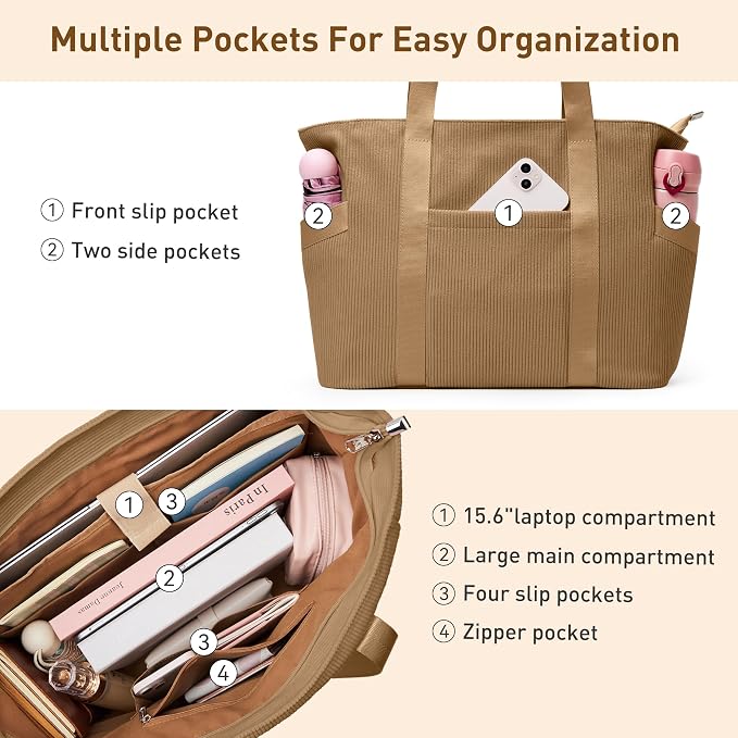 Tote Bag for Women, Casual Hobo Handbags with Compartments | Water Repellent Corduroy Large Capacity Fits 15.6" Laptop Zipper Closure for Travel Work School - Image 8