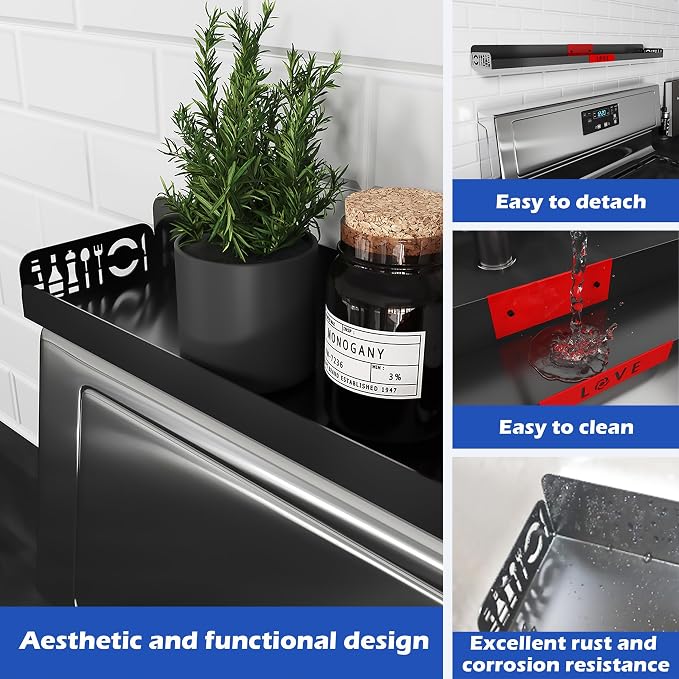 STUTOV 30" Magnetic Stove Top Shelf – Black Spice Rack with Red LOVE Design – Seasoning Organizer for Back of Stove – Over Stove Rack and Kitchen Storage Shelf - Image 4
